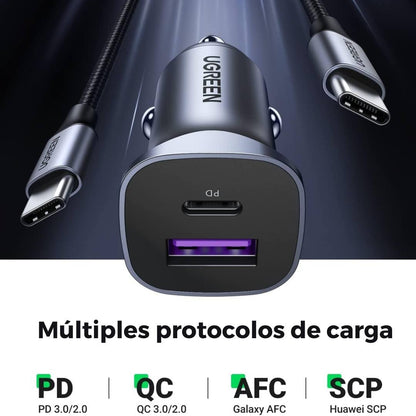 Ugreen cargador de vehículo 30W carga rápida 2 puertos para iPhone/Samsung Galaxy