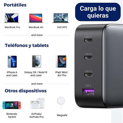 Ugreen Cargador 100W Nexode 4 puertos para Macbook, iPad, iPhone, Samsumg Galaxy y más