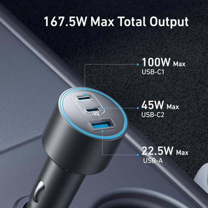 Anker Cargador de Vehículo tipo C de 167.5W 3 puertos para MacBook, iPhone 16/15/14, Samsung S25/S24/Ultra, iPad Pro y más