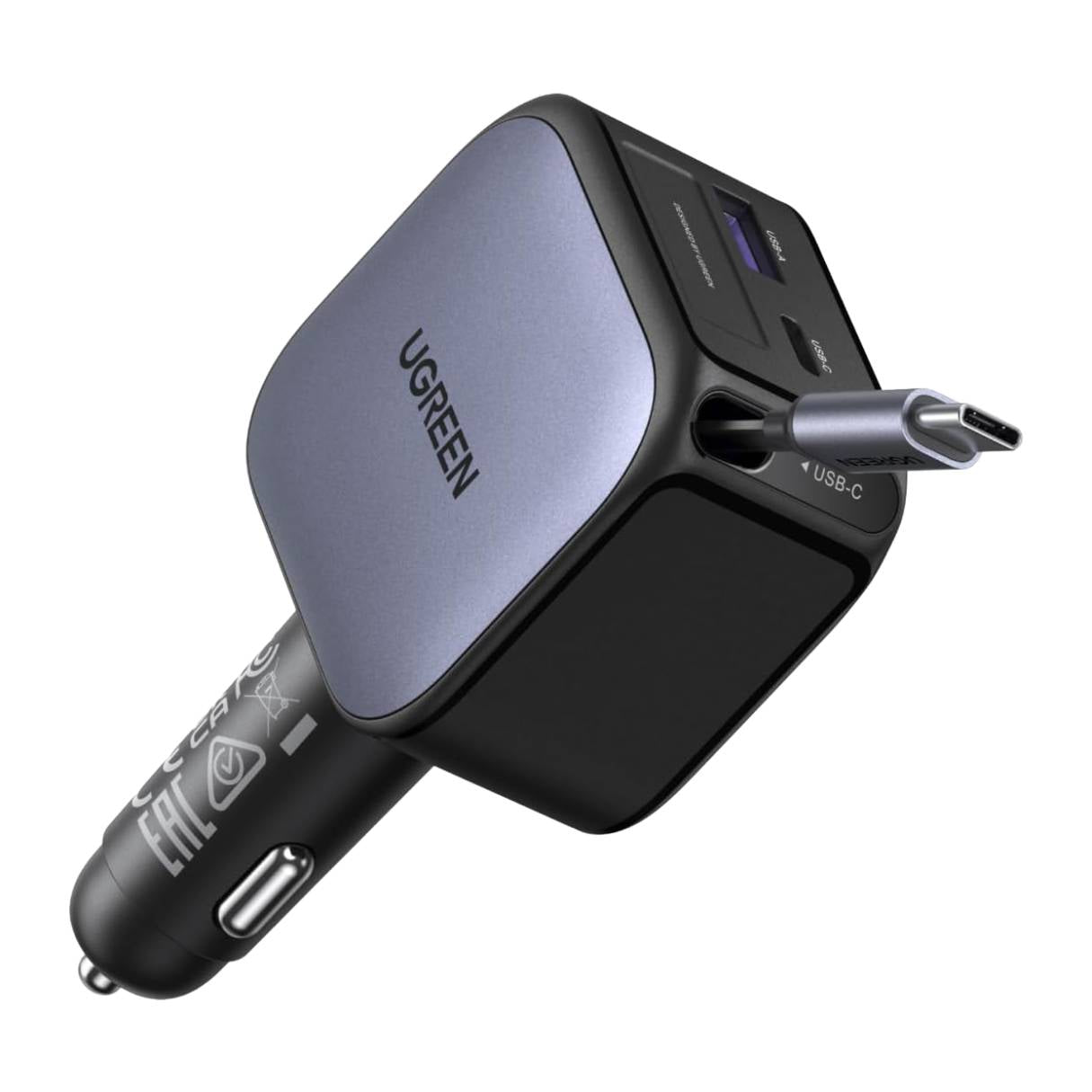 Ugreen Cargador de vehículo de 60W, con cable retráctil de 70cm, 3 puertos de carga simultánea, para iPhone series 17/16/15 & Samsung Galaxy