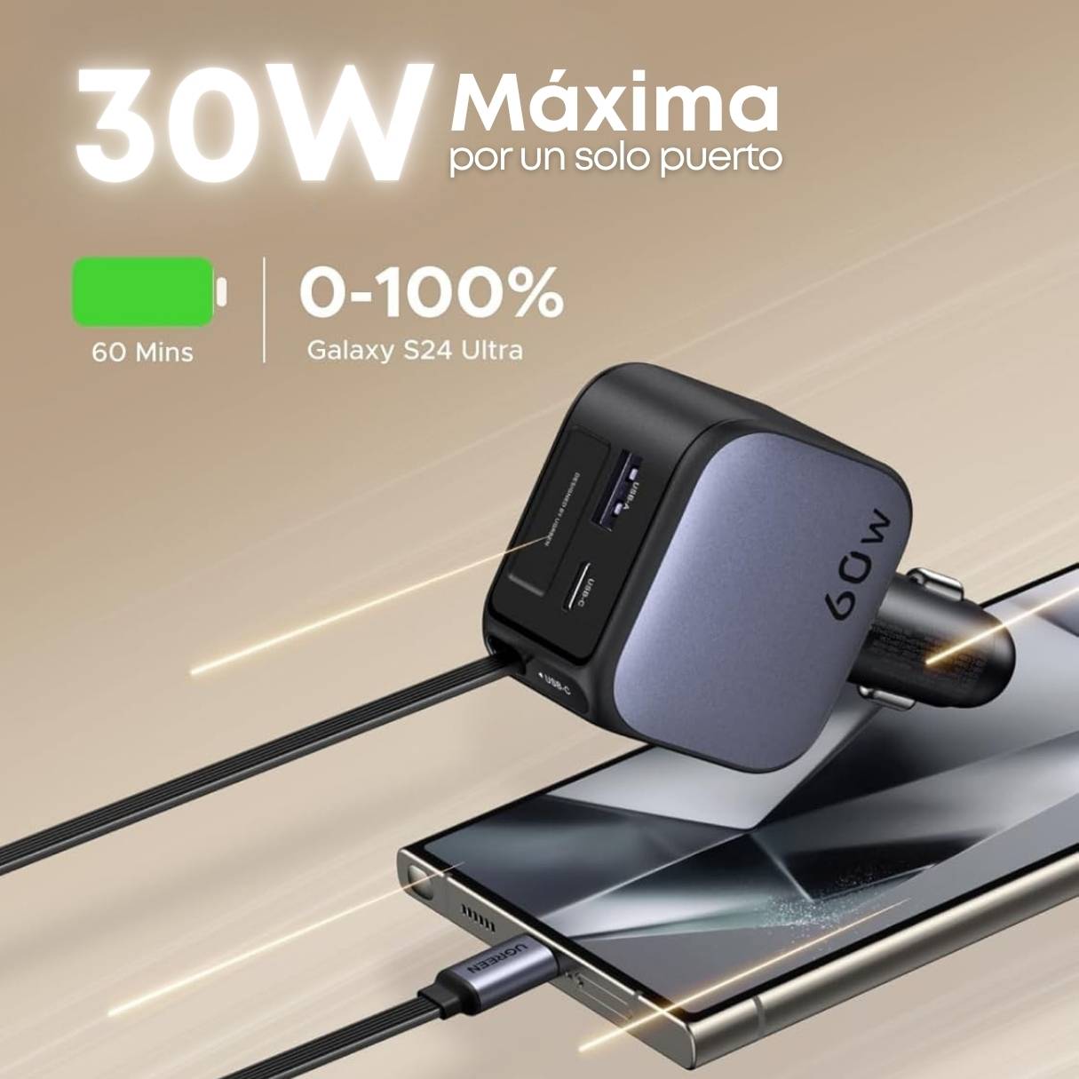 Ugreen Cargador de vehículo de 60W, con cable retráctil de 70cm, 3 puertos de carga simultánea, para iPhone series 17/16/15 & Samsung Galaxy