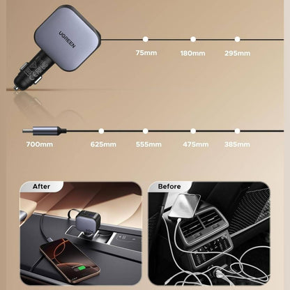 Ugreen Cargador de vehículo de 60W, con cable retráctil de 70cm, 3 puertos de carga simultánea, para iPhone series 17/16/15 & Samsung Galaxy