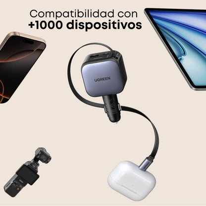 Ugreen Cargador de vehículo de 60W, con cable retráctil de 70cm, 3 puertos de carga simultánea, para iPhone series 17/16/15 & Samsung Galaxy