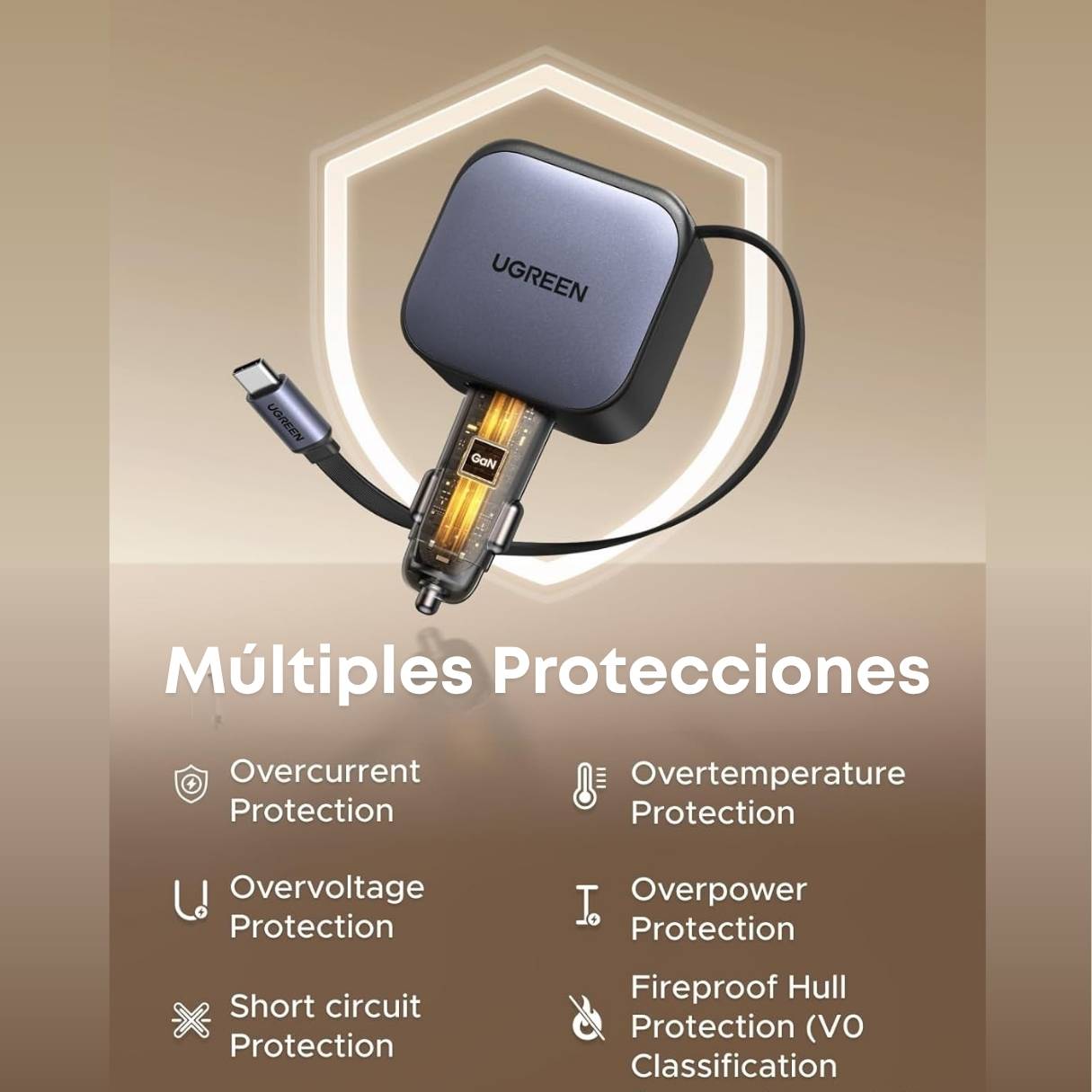 Ugreen Cargador de vehículo de 60W, con cable retráctil de 70cm, 3 puertos de carga simultánea, para iPhone series 17/16/15 & Samsung Galaxy