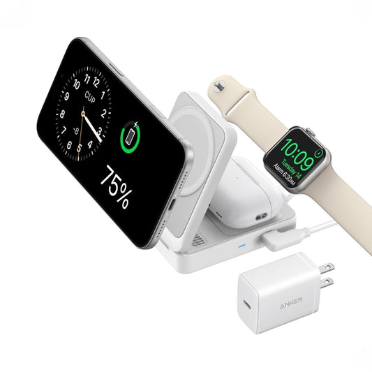 Anker MagGo - Estación de carga 3 en 1 para iPhone 16, compatible con MagSafe plegable de 15W certificado Qi2, AirPods, Apple Watch 10/9/Ultra