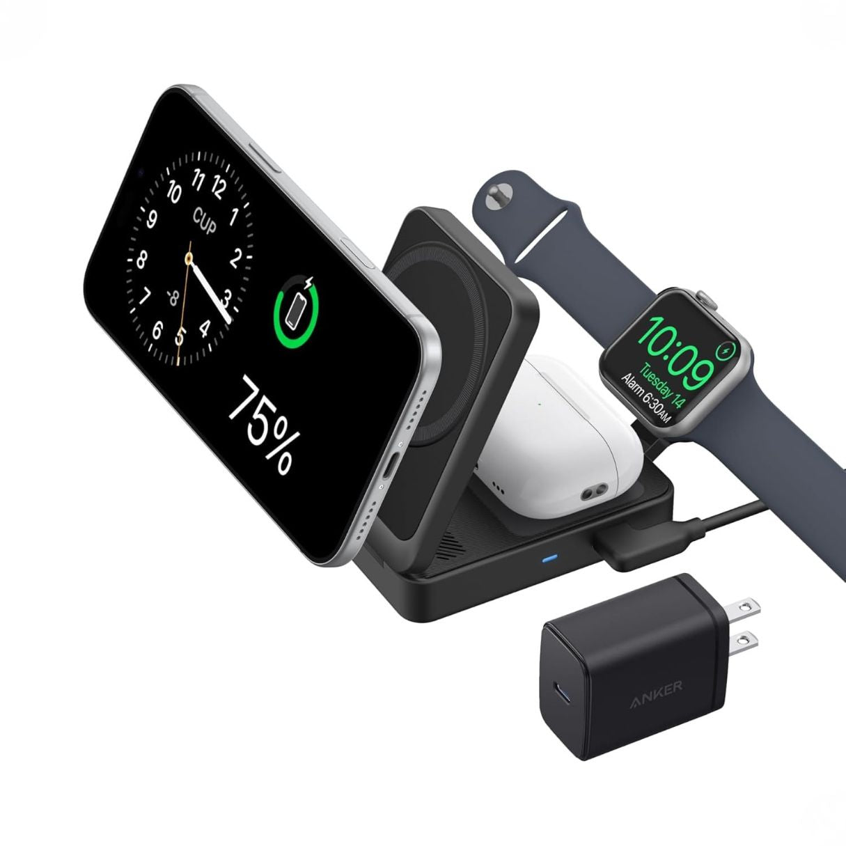 Anker MagGo - Estación de carga 3 en 1 para iPhone 16, compatible con MagSafe plegable de 15W certificado Qi2, AirPods, Apple Watch 10/9/Ultra
