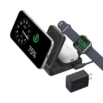 Anker MagGo - Estación de carga 3 en 1 para iPhone 16, compatible con MagSafe plegable de 15W certificado Qi2, AirPods, Apple Watch 10/9/Ultra