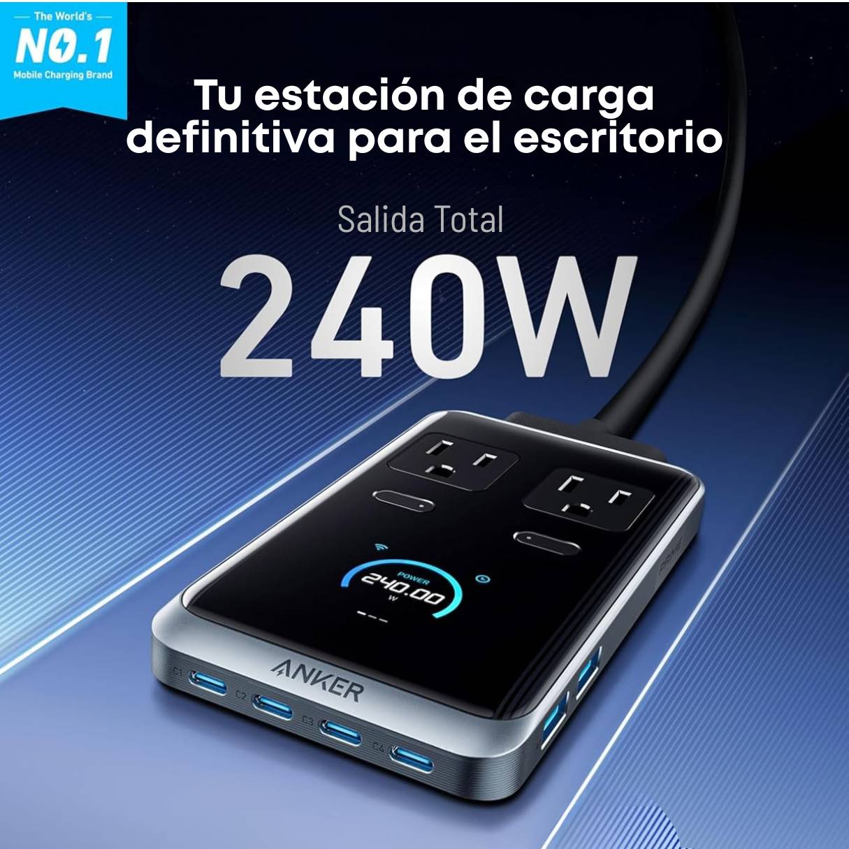 Anker Estación de carga Prime, tipo C 8 en 1 de 240 W, cable de extensión desmontable de 1.5 m, 2 AC, 4 USB-C, 2 USB-A, para iPhone 17/16/15, accesorio de escritorio para MacBook