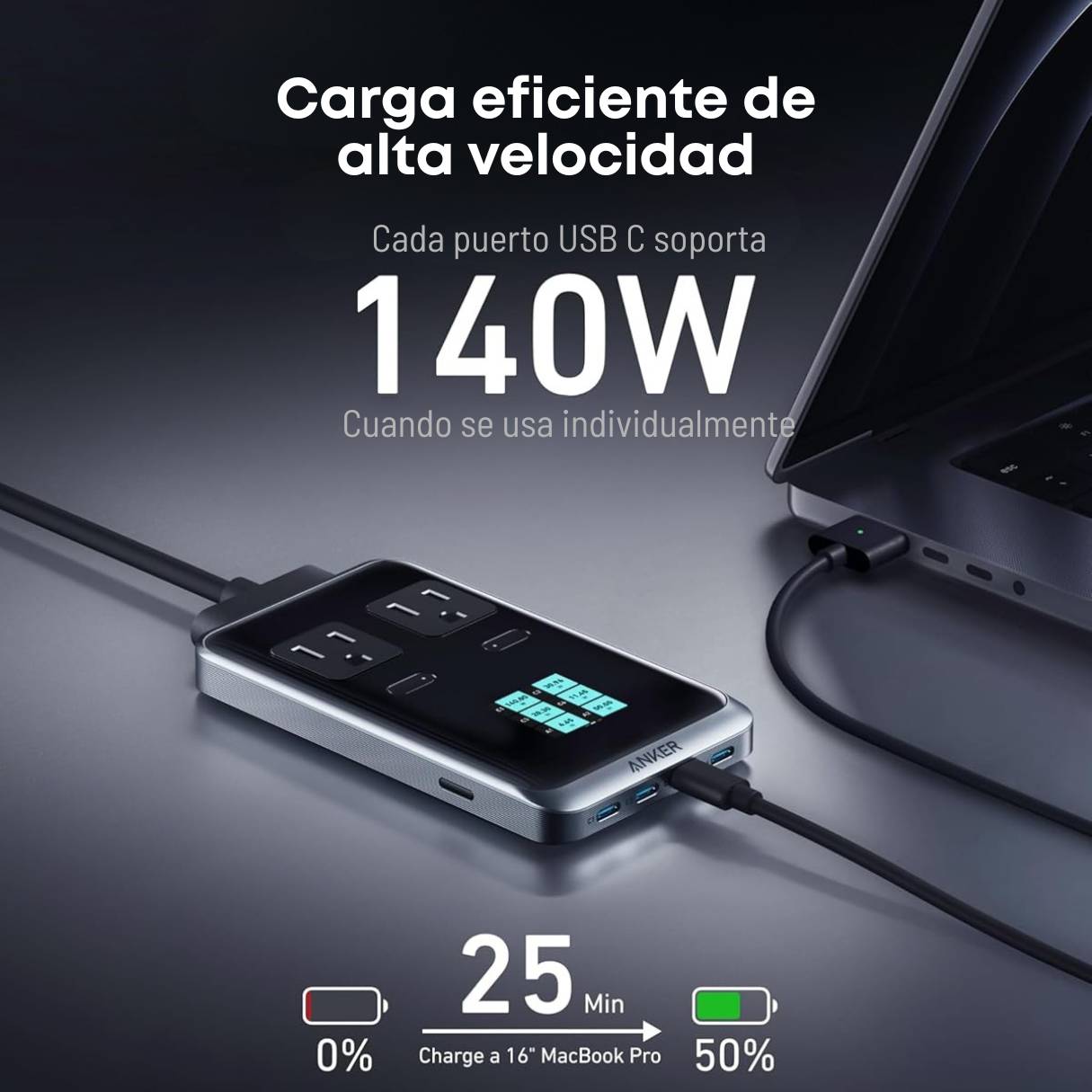 Anker Estación de carga Prime, tipo C 8 en 1 de 240 W, cable de extensión desmontable de 1.5 m, 2 AC, 4 USB-C, 2 USB-A, para iPhone 17/16/15, accesorio de escritorio para MacBook