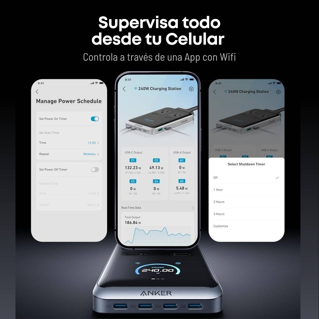 Anker Estación de carga Prime, tipo C 8 en 1 de 240 W, cable de extensión desmontable de 1.5 m, 2 AC, 4 USB-C, 2 USB-A, para iPhone 17/16/15, accesorio de escritorio para MacBook