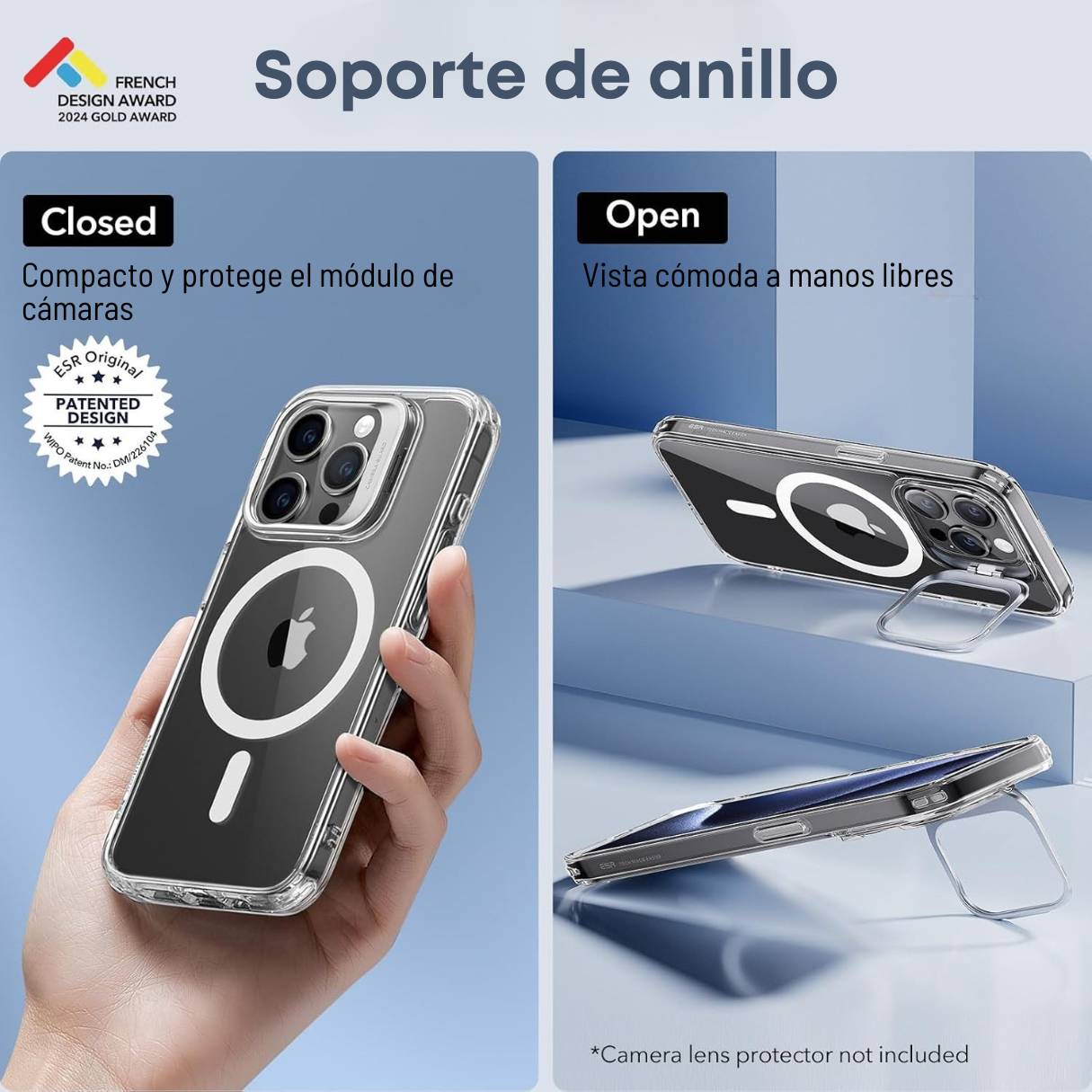 Funda ESR para iPhone 15 Pro con MagSafe, protección de grado militar 3X, anti amarilleo, soporte de anillo de cámara integrado, transparente