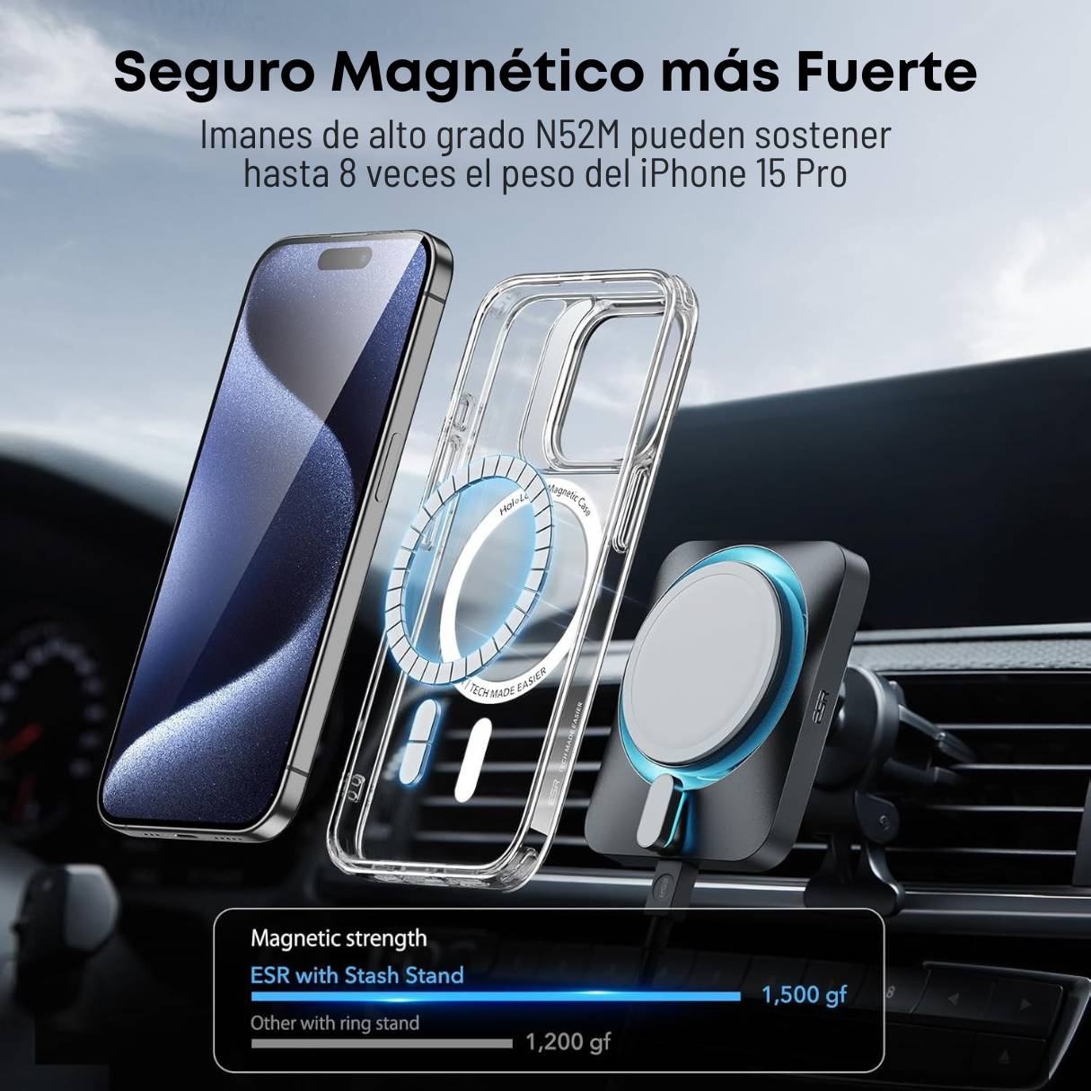Funda ESR para iPhone 15 Pro con MagSafe, protección de grado militar 3X, anti amarilleo, soporte de anillo de cámara integrado, transparente