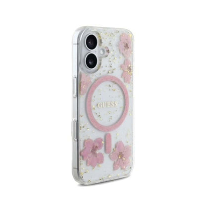 Guess Funda MagSafe para iPhone 16 contra caídas de grado militar, Flores de Resina, elegante