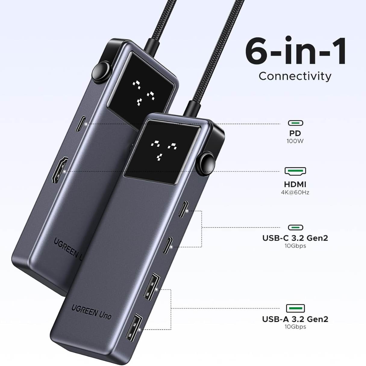 UGREEN Uno Hub tipo C 6 en 1 con puertos USB-C y USB-A de 10 Gbps 4K a 60 Hz HDMI para MacBook Pro/Air, iPad Pro, Surface, XPS, Thinkpad y más