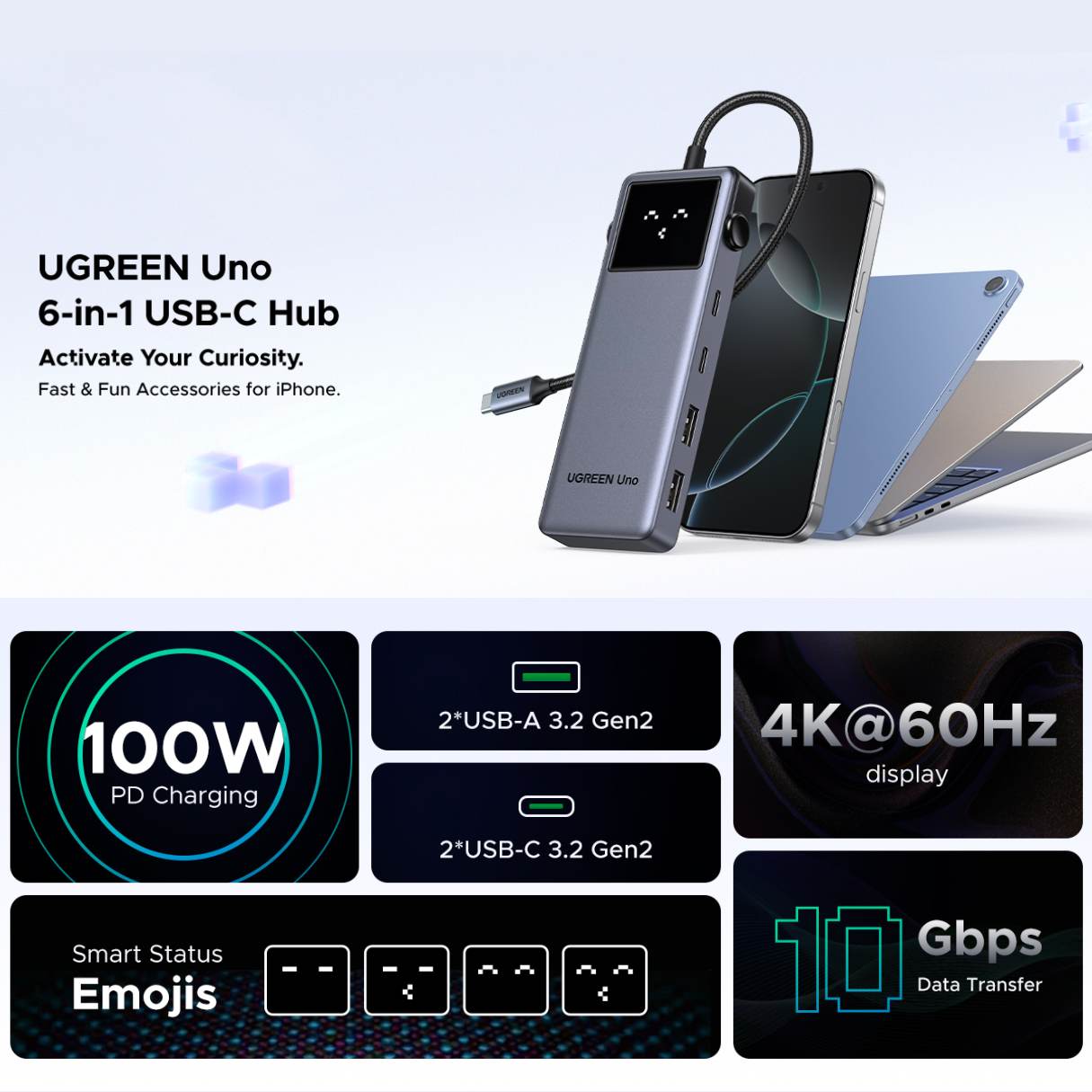 UGREEN Uno Hub tipo C 6 en 1 con puertos USB-C y USB-A de 10 Gbps 4K a 60 Hz HDMI para MacBook Pro/Air, iPad Pro, Surface, XPS, Thinkpad y más