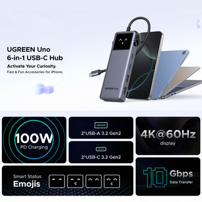 UGREEN Uno Hub tipo C 6 en 1 con puertos USB-C y USB-A de 10 Gbps 4K a 60 Hz HDMI para MacBook Pro/Air, iPad Pro, Surface, XPS, Thinkpad y más