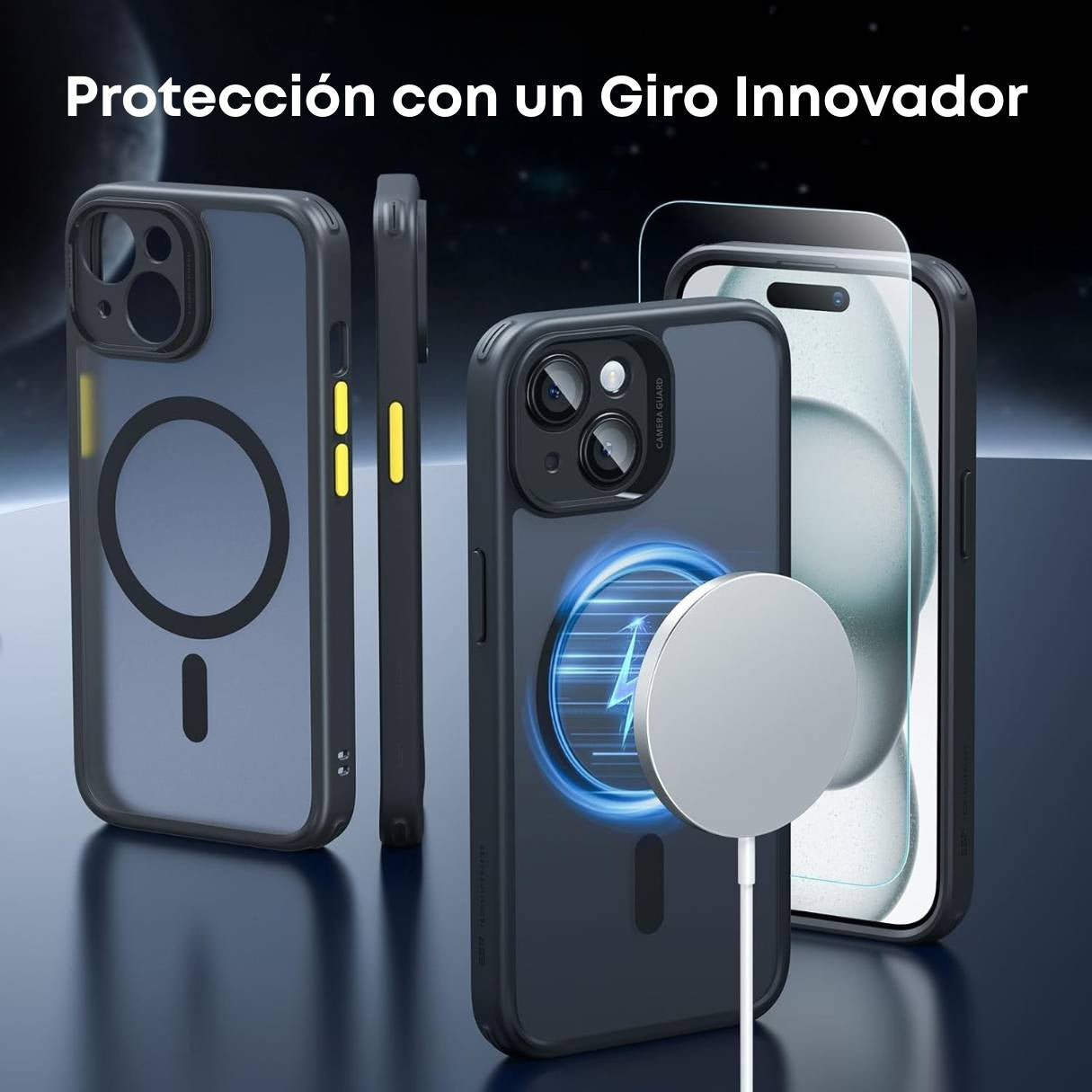 ESR Funda para iPhone 15 con MagSafe + Mica de Vidrio, protección de grado militar 3X, botones intercambiables, negro semitransparente