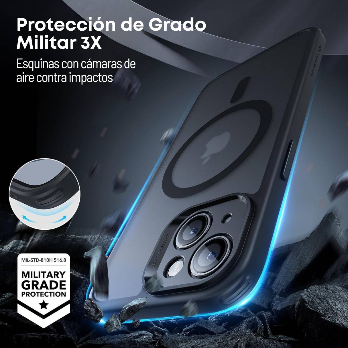 ESR Funda para iPhone 15 con MagSafe + Mica de Vidrio, protección de grado militar 3X, botones intercambiables, negro semitransparente
