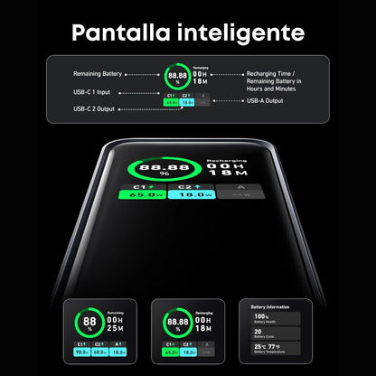 Anker Prime Power Bank de 20,000 mAh 200W pantalla inteligente, 2 puertos USB-C y 1 puerto USB-A para celulares, tablets, laptops y más