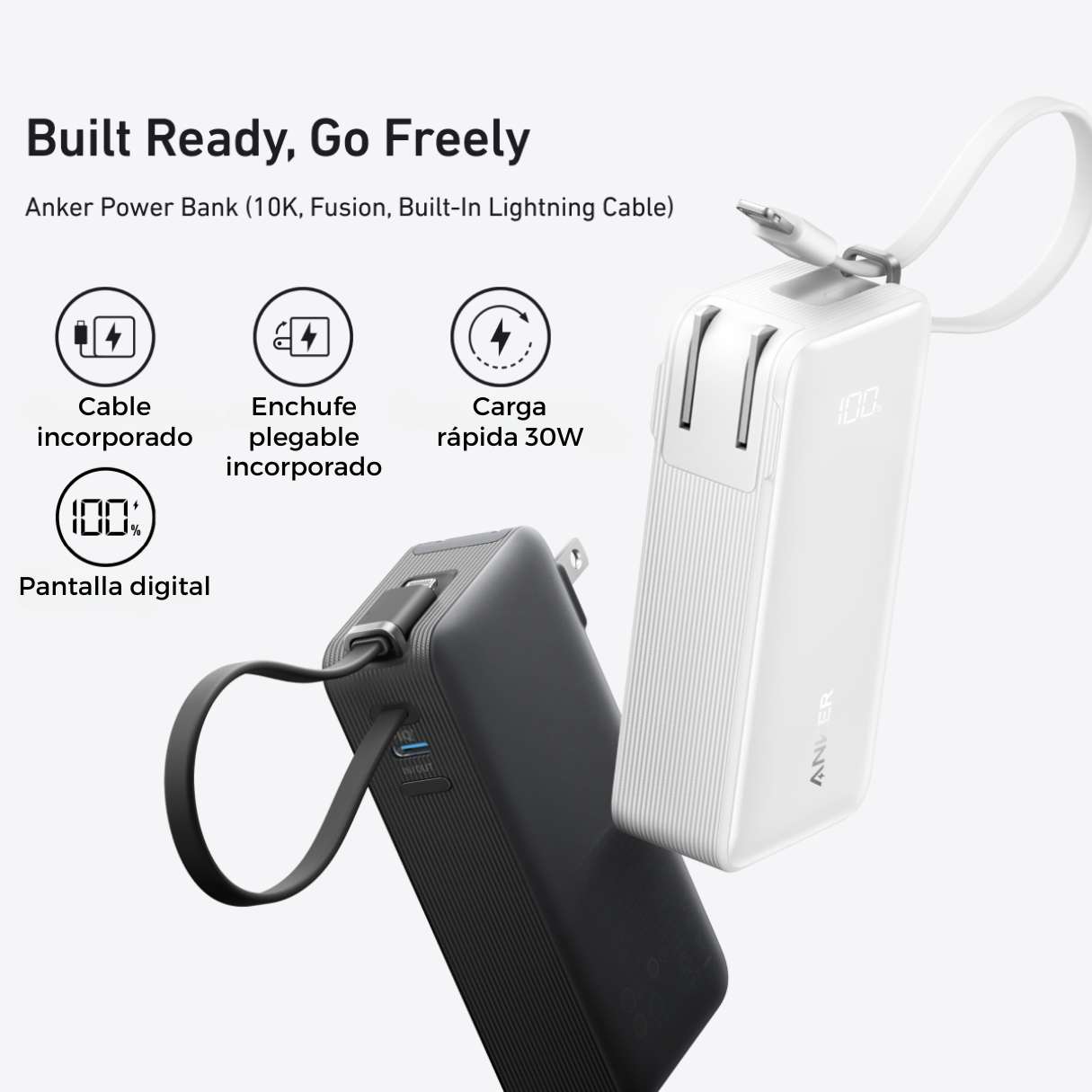 Power Bank 10000mAh Anker 3 en 1 con cable tipo C y enchufe integrado, para iPhone/Samsung