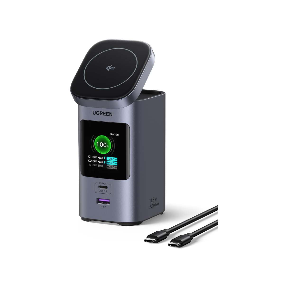 Ugreen Nexode Power Bank 20000mAh 145W PD 3.0 72Wh Qi2 15W Magsafe con pantalla inteligente para iPhone 16 Series/MacBook/iPad, Galaxy y más