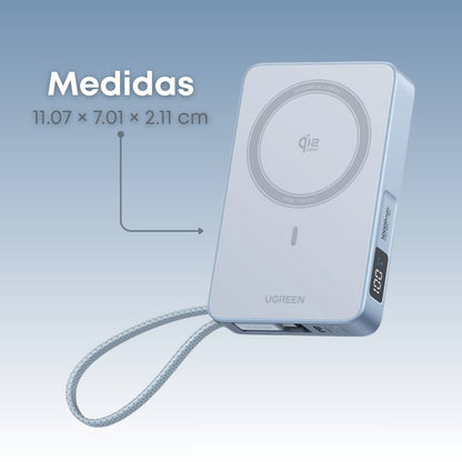 UGREEN MagFlow Power Bank de 10,000 mAh, carga inalámbrica certificada Qi2 de 25 W, con cable integrado tipo C, para iPhone 17 Pro Max/17 Pro/17 Air/17, Google Pixel 10 series