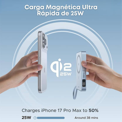 UGREEN MagFlow Power Bank de 10,000 mAh, carga inalámbrica certificada Qi2 de 25 W, con cable integrado tipo C, para iPhone 17 Pro Max/17 Pro/17 Air/17, Google Pixel 10 series