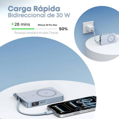 UGREEN MagFlow Power Bank de 10,000 mAh, carga inalámbrica certificada Qi2 de 25 W, con cable integrado tipo C, para iPhone 17 Pro Max/17 Pro/17 Air/17, Google Pixel 10 series