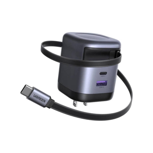 Ugreen Nexode Cargador retráctil tipo C de 65W GaN con cable integrado, carga rápida de 2 puertos para iPhone 17/16/15, Galaxy S25/S24, Pixel 10/9/8, MacBook Air, iPad y más