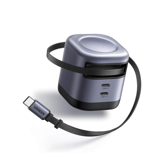 Ugreen Nexode Cargador retráctil GaN de 45W carga súper rápida, 3 puertos con enchufe plegable y cable retractil para iPhone 17/Samsung S25 Ultra