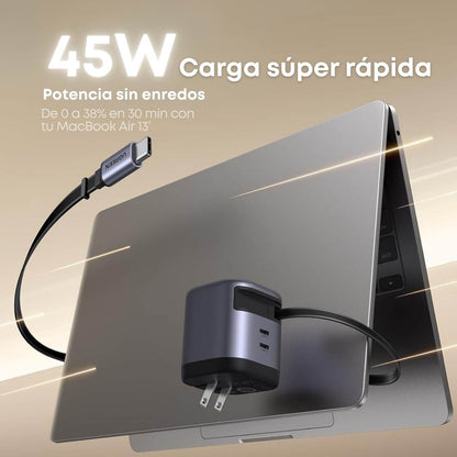 Ugreen Nexode Cargador retráctil GaN de 45W carga súper rápida, 3 puertos con enchufe plegable y cable retractil para iPhone 17/Samsung S25 Ultra
