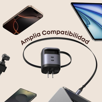 Ugreen Nexode Cargador retráctil GaN de 45W carga súper rápida, 3 puertos con enchufe plegable y cable retractil para iPhone 17/Samsung S25 Ultra
