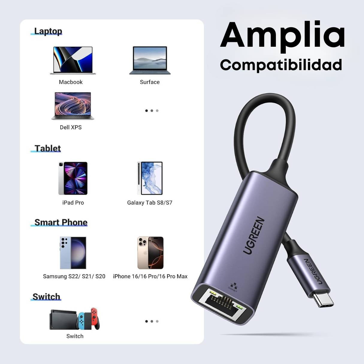 Ugreen Adaptador de USB C a Ethernet, Plug and Play 1 Gbps, funda de aluminio, compatible con Thunderbolt 4/3