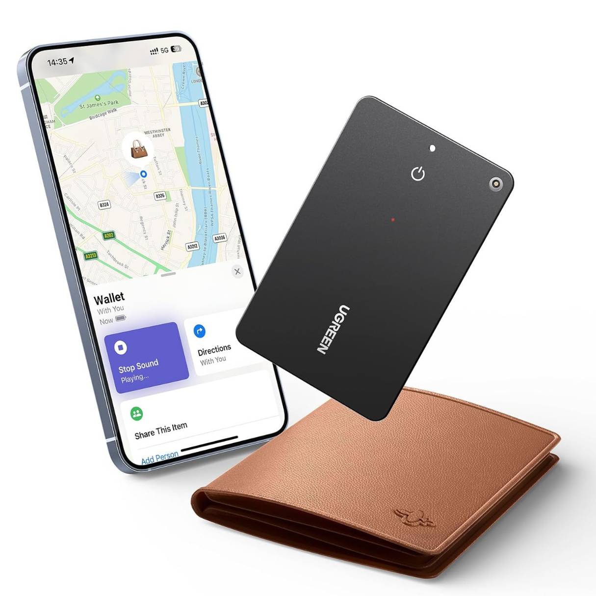 Ugreen FineTrack - Buscador inteligente delgado compatible con Apple Find My (solo iOS), impermeable, recargable, Bluetooth, para billetera