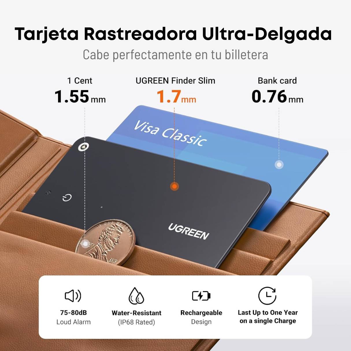 Ugreen FineTrack - Buscador inteligente delgado compatible con Apple Find My (solo iOS), impermeable, recargable, Bluetooth, para billetera