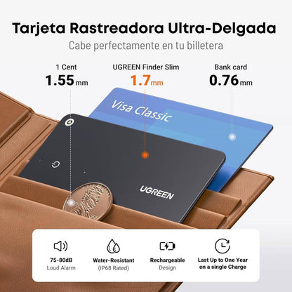 Ugreen FineTrack - Buscador inteligente delgado compatible con Apple Find My (solo iOS), impermeable, recargable, Bluetooth, para billetera