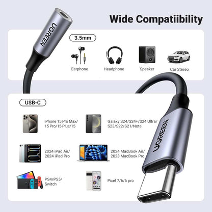 Ugreen Adaptador de audio tipo C a 3.5mm Aux Jack Dongle HiFi DAC Cable compatible con iPhone series 16/15, iPad, Galaxy S25 S24 Ultra