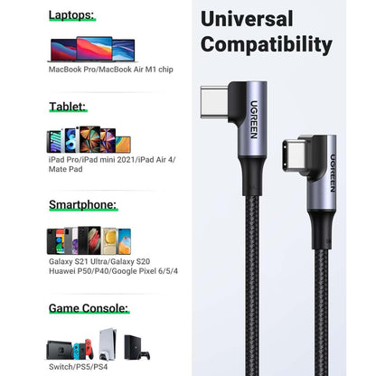 Ugreen cable USB C a USB C de 100 W de 90 grados para MacBook, Galaxy, iPad, iPhone y más