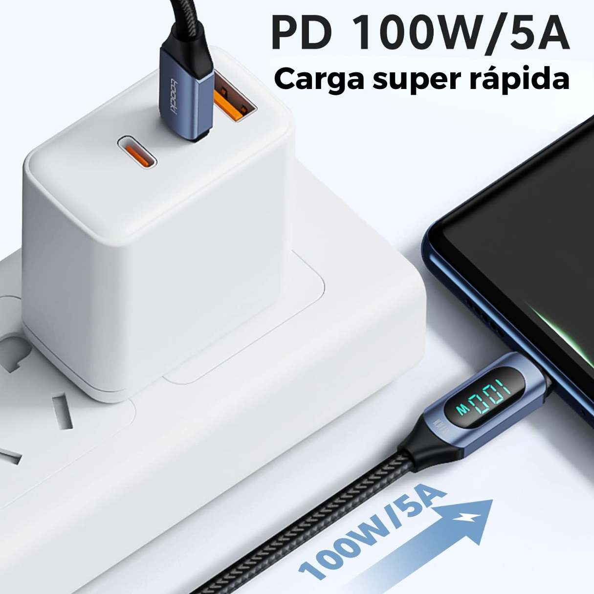 CABLE TIPO C CON PANTALLA LED 100W  TOOCKI 2M PARA SAMSUNG GALAXY/IPHONE 15