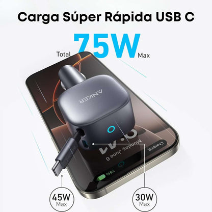 Anker Cargador de vehículo tipo C 75 W compacto carga rápida con cable retráctil incorporado tipo C