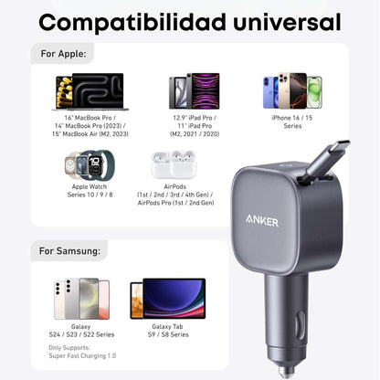 Anker Cargador de vehículo tipo C 75 W compacto carga rápida con cable retráctil incorporado tipo C